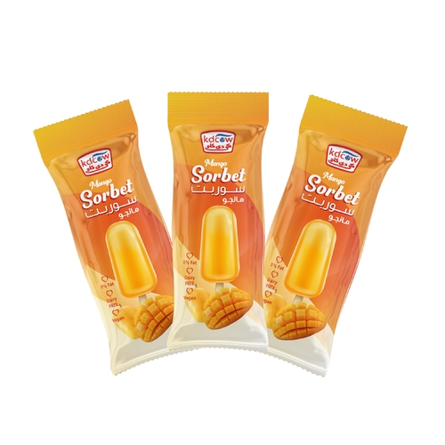 Kdcow - Ice Cream Sorbet Mango Sticks 53 ml 24 Pieces - Mango Water Ice Min. 55g, Pasteurized Min. 12 % Total Solids Ingredients: Purified Water, Mango Pulp (30%), Sugar, Glucose, Approved Emulsifiers & Stabilizers: Sodium Alginate (E 401), Guar Gum (E 412), Pectins (E440), Carrageenan (E 407), Nature Identical Mango Flavor, Citric Acid, Approved Color Annatto (E 160 b) Keep Frozen Below (-18°c) 
 Expiry life: Year of production date