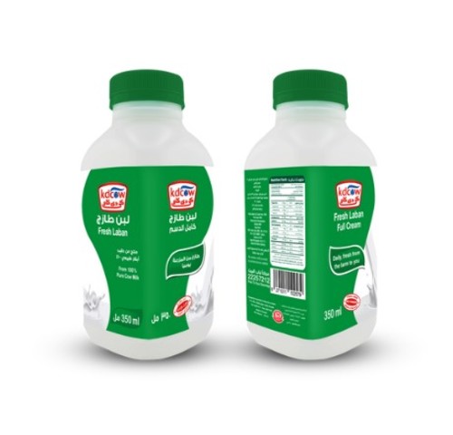 Fesh Laban Full Fat 350 Ml - Fresh Laban Full Cream From 100% Fresh Cow’s Milk Pasteurized & Homogenized Ingredients: 100% Fresh Cow’s Milk, Fat 3% min, Min. 8.5% MSNF , Culture, Vitamins A & D3 Keep Refrigerated (0 to 5 ºC ) Shake Well Before Opening 
 Expiry life: 10 days of production date