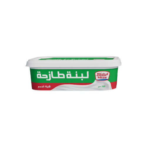 Fresh Labneh Low Fat 200 GM - Fresh Labneh low fat From 100% Fresh Cow’s Milk Pasteurized & Homogenized 
 Ingredients: 100% Fresh Cow’s Milk, fat Min. 15%, Min. 30% Total Solid, Milk Fat, Milk Solids, Culture, Max. 0.5% Salt, Approved Emulsifiers & Stabilizers: Pectins (E440 ), Acetylated di-starch ( E 1422) Keep Refrigerated (0 to 5 ⁰C ) 
 Expiry life: 9 days of production date