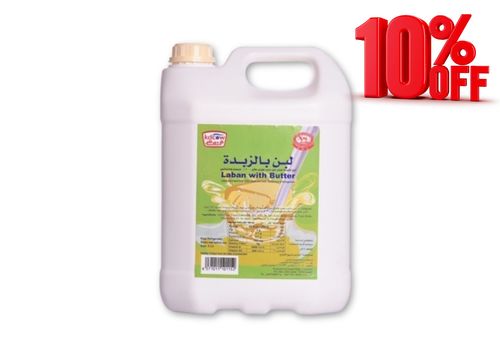 Laban With Butter 5 Liter - 100% Pure Fresh Cow Milk, Fat 3% min , Min 8.2% Msnf, vitamin A, D3 And Fresh Butter no water, milk powder or preservatives added. Recommended Storage : 0°C to 5°C
Expiry life: 7 Days of production date