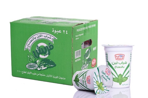 KDCow Fresh Laban Drink with Mint, 200ml x 24 - Laban Drink with mint From 100% Fresh Cow’s Milk. Ingredients: 100% Fresh Cow’s Milk, Culture, Approved Emulsifiers & Stabilizers: Cellulose Gum (E 466), Guar Gum (E 412 ) , Max. 1% Salt, Purified Water, Vitamins A & D3 Keep Refrigerated ( 0 to 5°C ) Shake Well Before Opening Expiry life: 14 days of production date