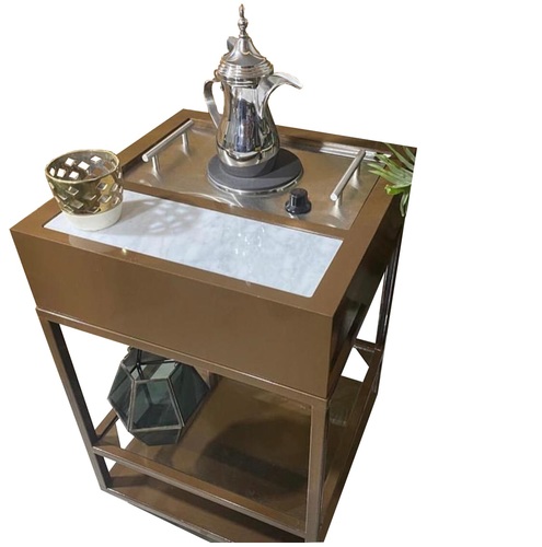 Brown 47 * 47 Dowah - Dimensions : 47 * 47 * 67 cm Electrical Single heater can be replaced with coal tray or even candle torch Glass shelf in the middle and Marble shelf on top Powder Coating Paint Available with tires for easy movement and shifting