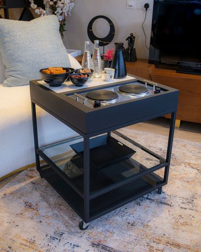 Black 60 * 60 - Dimensions : 60*60*67 cm Electrical Double heater can be replaced with coal tray or even candle torch Glass shelf in the middle and Marble shelf on top Powder Coating Paint Available with tires for easy movement and shifting