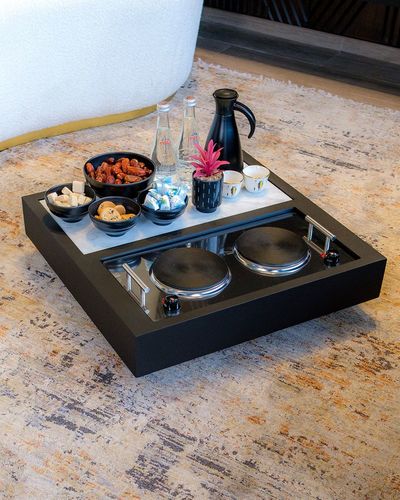 Black 60 * 60 ( Ground Mounted ) - Dimensions : 60 * 60 cm Electrical Double heater can be replaced with coal tray or even candle torch Marble shelf on top Powder Coating Paint Produced without tires