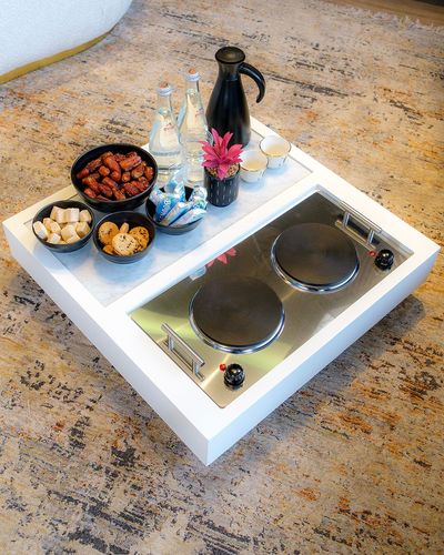 White 60 * 60 ( Ground Mounted ) - Dimensions : 60 * 60 cm Electrical Double heater can be replaced with coal tray or even candle torch Marble shelf on top Powder Coating Paint Produced without tires