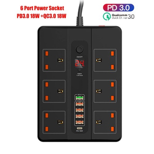 Ultra High Speed Socket 38W PD 20W BLK-11 -Black - 🔥6 Ac outlets 🔥5usb ports with 1qc3.0 🔥1 pd 18w usb type-c port 🔥overload protection 🔥24hours timer controll 🌈parameters 🔥rated current :10A MAX 🔥RATE POWER :3000W 🔥MATERIAL : FIRE PROOF ABS MATERIAL 🔥OUTPUT PORT :6 X SOCKET COMBO 5 X USB(1 QC 3.0) 1 X PD 18W 🔥RATED VOLTAGE :100V-250V 🔥RESPONSE TIME :