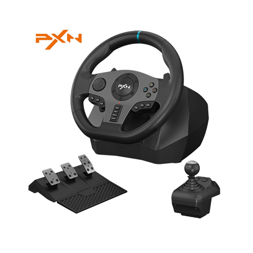 PXN V9 Gaming Steering Wheel Shifters Racing 3 Pedals Gear Shift - PXN V9 270° PC racing wheel and 900° truck simulation gaming steering wheel - Professional Gaming Steering Wheel Wired steering wheel for Xbox Series X|S, PC, PS 3, PS 4, Switch, Xbox One compatible with Microsoft XP, Windows 7/8/10.The PC racing steering wheel with left and right dual motor vibration and linear large size pedal.The 5 suction cups and 2 U-shaped bracket at the bottom make the product placement more secure,allowing you to play as you like.The steering wheel has an audio communication function on the Xbox One   
 Features: 1: Compatible with Xbox Series X|S, PC, PS 3, PS 4, Xbox One, Switch 2: Built-in dual vibration motor to bring you a more realistic racing experience 3: One-key switch, 270/900° linear steering wheel, freely switch between racing car and truck simulation 4: Linear pedals, support automatic battery life 5: Auto-calibration function (driver installation is required) 6: With X-input and D-input on PC, plug and play PC steering wheel 7: 5 Suction cups and 2 U-shaped clips to fix the steering wheel on the tabletop 8: Super-running left and right shift paddles and manual shift lever design 
 Specifications: ● Game Accessories Type: Gaming Steering Wheel ● Applicable products: PC, PS 3/PS 4, Xbox One, Xbox Series X|S, Nintendo Switch ● Interface type: USB(Handle guide interface) ● Connection method: USB wired connection(6.56 ft) ● Applicable system: XP, Windows 7/8/10 ● Key support: Programmable buttons ● Vibration function: Support dual-motor vibration ● Steering angle: Steering angle 270/900º ● Racing mode: 270° racing car,900° truck simulation