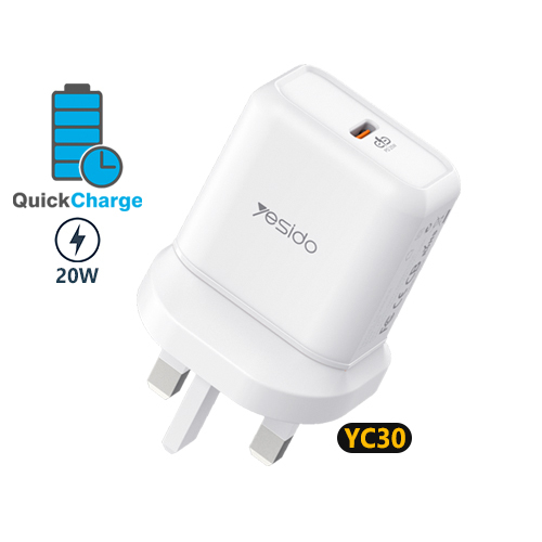 Yesido -YC30 20W Wall Charger - 1-CHARGER 20W FAST CHARGING 
 2-Type-C . Output 
 3-Quality guarantee 
 4- Application: mobile phone / USB devices 
 5- Fire safety 
 
 
 1- Fast charger 20W 
 2 type c port 
 3-Quality guarantee 
 4- Application: Mobile / USB devices 
 5- Fire safety