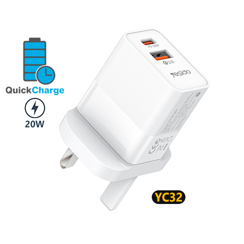 YESIDO YC32 UK PD/QC3.0 USB PD CHARGER ADAPTER 20W - product specification:High Speed Charging Two charging ports: USB and TyPE-C C+A Total: 20W Max Application: Mobile Phone /Type-C Devices Safety Fire Prevention Quality Guarantee