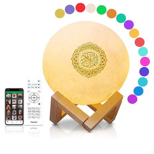 Equantu Moon Lamp Quran Speaker SQ-168 - SQ168 - Equantu Quran SpeakerQuran Learning Moon Lamp has 8GB of memory, support Touch/Remote/APP ControlOur Equantu moon lamp has a variety of color changes, and multiple chapters and multiple authors can choose to read aloud. There is also a Bluetooth mode, you can play any audio you like.SQ168 - Equantu Moon LampRealistic full moon shape, uneven 3D printing, make our moon lamp novel and charmingThe moon lamp is imprinted with the quran moon. Touch the top to change 7 colors of the lights. The moon lamp is imprinted with the quran moon. Bringing you warm comfort in the dark night.Scan the QR code to download our official app All functions are implemented through the app Built-in SD card/Bluetooth mode- Night light - Decoration/Gift - Bluetooth audio - Quran speaker