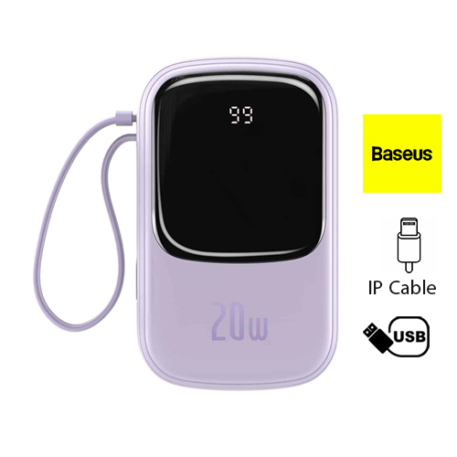 Baseus quick charging power bank 20000mAh 20W (With IP Cable) - Purple - Battery Type: Polymer battery
Color: Purple
Capacity: 20000mAh / 3.8V (76Wh)
Rated Capacity: 12000mAh (5V/3A)
Energy Conversion rate: ≥75%
Input:
iPhone Input: 5V/2A
Type-C Input: 5V/3A, 9V/2A, 12V/1.5A
Output:
USB Output: 4.5V/5A(SCP), 5V/4.5A(SCP), 5V/3A, 9V/2A, 12V/1.5A
Type-C Output: 5V/3A, 9V/2.22A, 12V/1.67A
iPhone Cable Output: 5V/2.4A, 9V/2.22A
Total Output: 5V/3A Max.