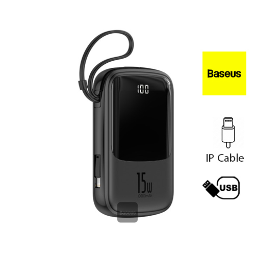 Baseus 10000mAh Power Bank 15W Fast Charging IP Cable - Black - Baseus 10000mAh Power Bank 3A Fast Charging Dual USB Ports 2-in-1 Portable Charger IP Cable - BlackDual USB output, support simultaneously charging of two devices 3A High current, fast charging, small in size, charging in palm, comfortable to hold With 2-in-1 charging cable, it also can be used as handy strap for convenient holding 10000mAh Large capacity and long battery life, meeting multiple charging needs Digital display screen for showing remaining power 
 OverviewTwo-in-one functionality It’s both a charging cable and a lanyard. 15W high power output 15W output, quick charging and never wait again. Dual inputs and four outputs, support simultaneous power supply for multiple devices, what you need is only one cable when you go out. LED digital display enables the real-time viewing of the remaining battery level. Name: Baseus Qpow Digital Display 3A Power Bank Model No. BS-P1002 Color Black/Red/White Capacity 10000 mAh / 3.7V (37Wh) Rated Capacity:  5800mAh An energy conversion rate of 75% Input: IP interface input 1 5V-2AMax.
Type-C interface input 1 5V~3AMax. Output: USB interface output 1 5V~3A Max.
Type-C interfaces output 1 5V~3A Max.
IP cable output 1 5V—2.1A Max.
Total output 1 5V–3A Max.