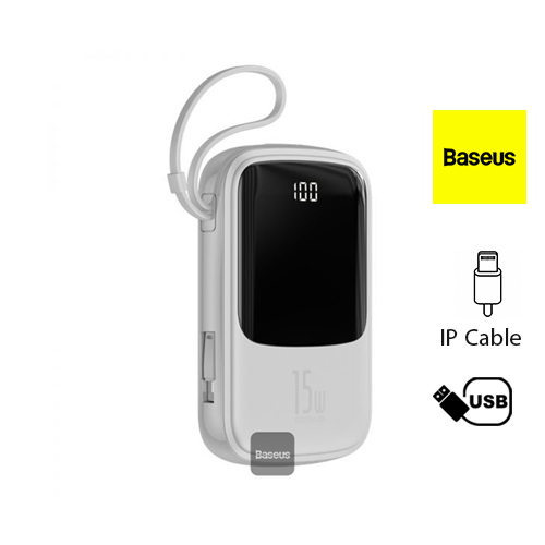 Baseus 10000mAh Power Bank 15W Fast Charging IP Cable - White - Baseus 10000mAh Power Bank 3A Fast Charging Dual USB Ports 2-in-1 Portable Charger IP Cable - WhiteDual USB output, support simultaneously charging of two devices 3A High current, fast charging, small in size, charging in palm, comfortable to hold With 2-in-1 charging cable, it also can be used as handy strap for convenient holding 10000mAh Large capacity and long battery life, meeting multiple charging needs Digital display screen for showing remaining power 
 OverviewTwo-in-one functionality It’s both a charging cable and a lanyard. 15W high power output 15W output, quick charging and never wait again. Dual inputs and four outputs, support simultaneous power supply for multiple devices, what you need is only one cable when you go out. LED digital display enables the real-time viewing of the remaining battery level. Name: Baseus Qpow Digital Display 3A Power Bank Model No. BS-P1002 Color Black/Red/White Capacity 10000 mAh / 3.7V (37Wh) Rated Capacity:  5800mAh An energy conversion rate of 75% Input: IP interface input 1 5V-2AMax.
Type-C interface input 1 5V~3AMax. Output: USB interface output 1 5V~3A Max.
Type-C interfaces output 1 5V~3A Max.
IP cable output 1 5V—2.1A Max.
Total output 1 5V–3A Max.