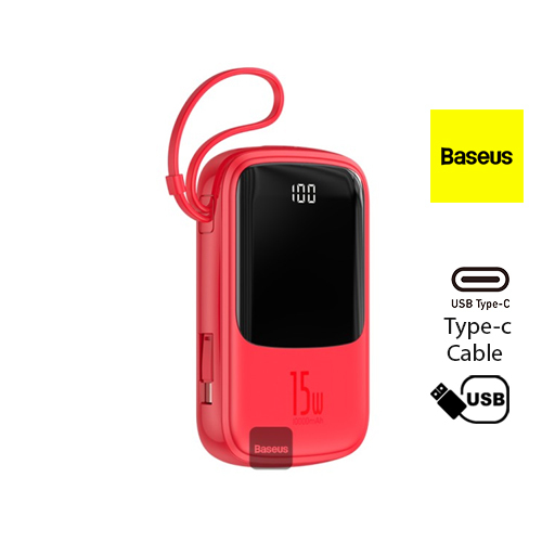 Baseus Qpow Digital Display 3A 15w 10000mAh Power Bank with Type-C Cable - Red - Baseus Qpow Digital Display 3A 15w 10000mAh Power Bank with Type-C CableDesigned with the USB type C charging cable, never worry about forgetting to take the cable when you go out. Dual inputs and four outputs, support simultaneous power supply for multiple devices, what you need is only one cable when you go out. LED digital display enables the real-time viewing of the remaining battery level. Dual USB output, support simultaneously charging of two devices 3A High current, fast charging Small in size, charging in palm, comfortable to hold With 2-in-1 charging cable, it also can be used as handy strap for convenient holding OverviewBaseus Q pow power bank 10000mAh 3A 15W 2x USB / USB Typ C + built in USB Type C cableDual USB output, support simultaneously charging of two devices 3A High current, fast charging Small in size, charging in palm, comfortable to hold With 2-in-1 charging cable, it also can be used as handy strap for convenient holding 10000mAh Large capacity and long battery life, meeting multiple charging needs Digital display screen for showing remaining powerSpecification:Brand: Baseus Model: BS-P1002L Capacity: 10000mAh Rated capacity: 5800mAh Type-C input: 5V-3A max. iP input: 5V-2A max. USB & Type-C output: 5V-3A max. USB Type C cable output: 5V-3A max. Total output: 5V-3A max. Battery: polymer batteryPackage included:1 x Power Bank 1 x English and Chinese User Manual Other things not included