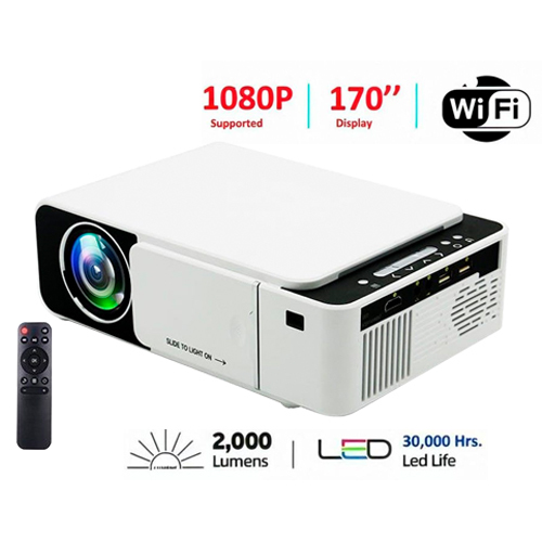 Borrego T5 WIFI Portable LED 1080P Video HD Projector - T5 Portable LED 1080P Video HD Projector 100 ANSI Lumens 800*400 Wi-Fi Ready With HDMI, VGA, AV, USB, SD Card Slot Features:
1. T5 Projector utilizes the upgraded LED light source and TFT LCD display technology, which significantly reduces light attenuation and provides +80% brightness than ordinary projector. Supporting 1920x1080 resolution.
2. T5 projectors is fit for playing videos, TV series, photos sharing, football matches etc. It can be easily connected with your smartphone（Same Screen Version）, for PS3, for PS4, X-Box ONE or for Wii to enjoy BIG games.
3. It provides a watching size from 30” to 170” with the projection distance between 2.5ft to 14.2ft.
4. T5 HD projector equipped with a variety of inputs, including HDIMI, VGA, AV, USB. HDMI & Dual USB ports design makes it more convenient to use. Built in playing engine for full format videos, the decoding skill can support most video formats.
5. T5 projectors are equipped with an innovative cooling system with heat dispersion, as well as a noise suppression technology which cuts fan sound in half.

Specifications：
Model: T5
Type: Mini Digital LCD Projector
Projection Technology：TFT LCD
Light source: LED
Brightness (Lumens)：100 ANSI Lumens
Resolution:1920*1080 Max
Projection Distance: 1-4m
Image Size: 30-170 inch
Screen Scale: 4: 3/16: 9
Keystone Correction: manual correction
Interface: USB*2 / HDMI / SD / Audio (3.5mm)
Extended Storage: TF Card / Flash Drive / USB2.0 hard drive / USB2.0 U disk
TF Card: Support  (with unlimited memory size)
LED Light Life Time: 30000 hours
Power Supply: AC100-240V，50/60Hz
Power Consumption: 135W
Product Size: 250 x 170 x 80mm / 9.84 x 6.69 x 3.15 inch
Projector Weight: 1.28kg
Quality Certification：FCC CE RoHS


Package Included:
1 x T5 Mini Portable Projector
1 x Remote Control 1 x Cable and Use Manual