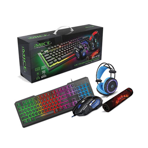 iMICE GK-470 combo 4 in 1 Gaming Set (Headset + Mouse + Keyboard + Mouse Pad) - Full size gaming set with keyboard, mouse, headphone and mousepad 2400 dpi optical sensor gaming mouse RGB backlighting mouse Full size membrane keyboard 3 colors backlighting keyboard Cool LED lighting headphone Ultra lightweight headphone High quality fabric small mousepad