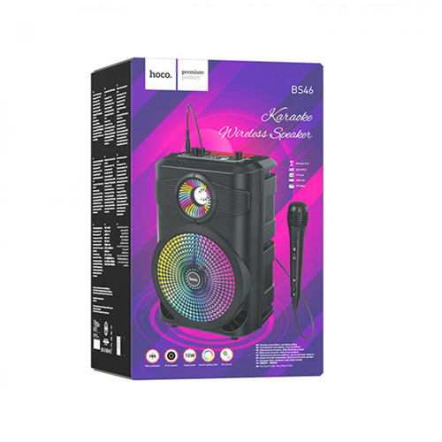 Wireless speaker “BS46 Mature” outdoor portable loudspeaker - BS46 Mature, wireless speaker, BT v5.0, with 1800mAh battery, for 3 hours of calls and music, support BT, FM, USB, TF, AUX, TWS playback modes1. Sizes:381*236*203mm. Weight: 1.9kg.
2. BT 5.0. Chip: Blue trum AB5362B.
3. Battery capacity: 1800mAh, charging for about 2.5 hours.
4. Music time: 3 hours.
5. Speaker unit: 8 inches. Power: 10W.
6. Support BT, FM, USB, TF card, AUX, TWS and other playback modes.
7. Support wired microphone. Independent switch of colored lights.