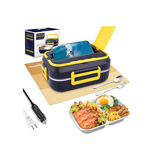 Electric Lunch Box, 3 in 1 for 12V 24V 110V Portable Heating Lunch box Leak-proof Food Heater warmer - 【Warm Healthy Meal 】This electric lunch box is designed for food keeping warm and supports 24V truck,12V car and 110V work ,school and home use. It has 2 types of power adapters.So car / trucker drivers can eat home cooked warm meal healthily on the go, besides students and office workers can enjoy hot meal at school or in office. NOTE: When you heating the lunch box, you should close the lid with the box to avoid the inside heat dissipates. 【Heating Get Faster & Leak-proof 】Shorten the heating time, now 20 minutes only that you can eat the hot food without waiting on the car or office. With the upgraded design and craft, this electric lunch box's lid latches and the rubber sealing ring make it leak-proof perfectly , so it is very convenient for you to take it everywhere. 【Flexible Design】This lunch box can long-lasting warm the meal when you plug in the power cord. And you do not need to add water into the box when you heat food. Inner box is good material. Moreover,we also have good quality of spoon, fork and beautiful place-mat inside the package. 【Portable & Easy to Clean】1.5L Portable Mini microwave for car comes with 304 stainless steel material removable container which is easy to clean and dishwasher safe. Please do not wash external lunch box with water. Note:This product can't be put into refrigerator which will make the lunch box can't be power on. Only the inner stainless container, your food, can be put in.