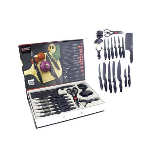 Kitchen Knife Set 18pcs - Non-Sticky Coated blades 18 Pieces set Butcher Knife 8 Chef Knife 8″ Slicer Knife 8″ Bread Knife 8″ Utility Knife 5″ Paring Knife 3.5″ Peeler Cutter Scissors Anti-Slip Holder Super sharp blades Easy to clean