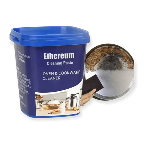 Ethereum OVEN AND COOKWARE CLEANING PASTE OVEN & COOKWARE CLEANER 500G - ☀Powerful Cleaner: effectively remove burn marks, stubborn stains, heavy grease, oxide layer, rust on stainless steel cookware, effortless and efficient. ☀Safe and Eco-friendly: formulated with silica fume and plant soap base, which is skin-friendly, safe to use. ☀Multi-Purpose: this product can be applied to all types of enamel, porcelain, stainless steel cookware, stove top, ceramic bathtub, tiles, sink, chrome water tap, glass ceramic cooktop and so on. ☀Easy-to-use: apply with damp nylon scouring pad, rub well and rinse clean, no heavy scrubbing needed, save a lot of efforts.Specifications:
Material: silica fume
State: Paste
Capacity: 500g
Item Size: 8.5 * 8.5 * 10cm 
Item Weight: 500g