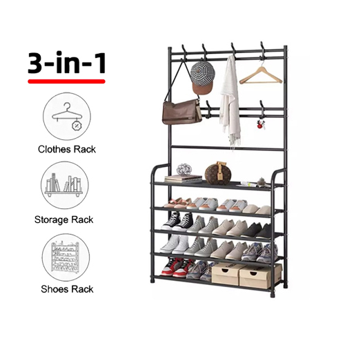 Versatile 3-in-1 metal stand for shoes, personal items, and clothes - NOTE:Do not place the product in the long-term sun exposure If you encounter any problems during the installation process, please communicate with us and we will help you as soon as possible.PACK INCLUDES: -1 ×Coat rack -1 ×Installation instructionsLUKZER 3 in 1 coat rack5-Tier Shelf for Storage Shoes,ClothesThe innovative design of the product means that you can no longer only place shoes, but also hang clothes, bags, umbrellas, etc. Composed of high-quality iron tube and Non-woven fabric, which is strong and durable and can make your room no longer messy. The product occupies a small area, but the storage space is very large. The coat rack is very light, and the shoe rack has smooth L-shaped armrests on both sides, which can be moved anytime and anywhere.Product Parameters: -Size: 170 x 80 x 26 cm -Material:Iron tube, PP plastic,Non-woven fabric - Color: Black -Layers: 5 layersEntrywayLiving RoomBedroomFoot coverThe shelf is equipped with foot covers to protect your floor and also make your shelf more stableHook UpThe hook can be used to store clothes to make your clothes more tidy and orderlyL-shaped armrestThere are smooth L-shaped armrests on both sides of the shoe rack, which can be moved anytime and anywhereSmooth layerNon-woven fabric compartment, with good hand feeling, smooth and flat surface