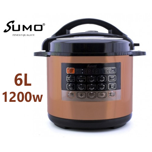 SUMO DIGITAL ELECTRIC PRESSURE COOKER 6 LITER - Product details Sumo Digital Pressure Cooker 8 Liter Capacity 
 It provides you with all the capabilities to cook any meal you want with the smart cooking system and an adjustable period with a pre-set timer to maintain pressure and to get a variety of delicious meals, get the crispy taste with healthy food. You no longer have to worry about cleaning time because the inner pot is made of durable aluminum that is rust-proof and provides more efficient heat distribution. It is a safe, smart and fast cook. 
 Features and specifications: 
 Brand: Sumo 
 Model: SUMO-8 
 - Power: 1200 watts 
 - Capacity: 8 liters 
 - Adjustable timer to maintain pressure 
 - Automatic heat preservation function 
 - Great for Mandi, Kabsa, soup, etc. - Great design with a comfortable handle 
 - Easy to control cooking process 
 - An easy-to-set timer indicates the cooking process 
 - Removable, easy-to-clean inner cover 
 - Durable, non-stick inner pot 
 - Digital cooker with light indicators 
 - Automatic pressure relief device to ensure safety while cooking 
 - Dimensions: 355 x 355 x 390 mm 
 a guarantee 1 year