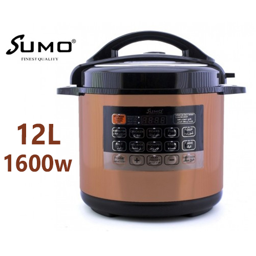 SUMO DIGITAL ELECTRIC PRESSURE COOKER 12 LITER - the description Sumo - Digital Electric Pressure Cooker 12 Liter Capacity 
 It provides you with all the capabilities to cook any meal you want with the smart cooking system and an adjustable period with a pre-set timer to maintain pressure and to get a variety of delicious meals, get the crispy taste with healthy food. You no longer have to worry about cleaning time because the inner pot is made of durable aluminum that is rust-proof and provides more efficient heat distribution. It is a safe, smart and fast cook. 
 Features and specifications: 
 Brand: Sumo 
 Model: SUMO-12 
 - Power: 1600 watts 
 - Capacity: 12 liters 
 - Adjustable timer to maintain pressure 
 - Automatic heat preservation function 
 - Great for Mandi, Kabsa, soup, etc. - Great design with a comfortable handle 
 - Easy to control cooking process 
 - An easy-to-set timer indicates the cooking process 
 - Removable, easy-to-clean inner cover 
 - Durable, non-stick inner pot 
 - Digital cooker with light indicators 
 - Automatic pressure relief device to ensure safety while cooking 
 - Dimensions: 425 x 395 x 395 mm 
 a guarantee 1 year