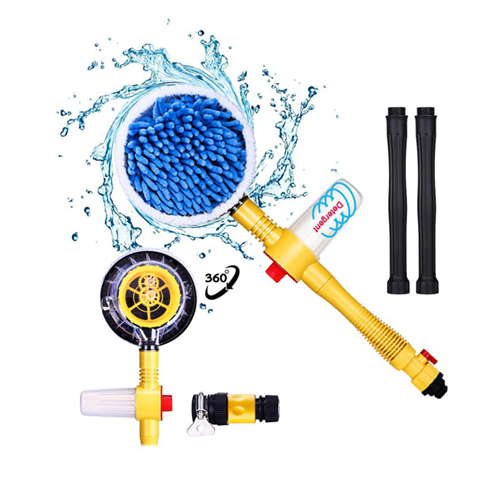 Car wash brush and mop, rotating 360 degrees, detachable and extendable - Product description   
  Exterior/ Car Scrub brush/ Car Cleaning Brush 
 GREAT CAR CLEANING TOOL for professional automotive detailers and car care enthusiasts! 
 3 in 1 Car Wash Kit: Used as Cleaning Brush/Mop, Foam Lance and Hose Sprayer 
 360 degree rotating mop head spins and delivers soap to your car, and you can see the gear spin in the back Three-gear red valve for Water Flow Control 
 ♦ Three-gear red valve for Water Flow Control 
 On/off button to control water flow through the brush head, no need for you to run back to turn Multi-functional cleaning kit, car-home-garden cleaning brush 
 ☞ How to Use Car Wash Brush? 
 Connect to the faucet----Connect The hose----Connect to the other end of the hose---Connect to black extension poles---- Connect to yellow handle ---Connect to the brush 
 ☞Specifications: 
 Material: microfiber chenille, Plastic 
 Size: 120cm/47inch Total Length of car cleaning brush, 17cm/6.7mop head diameter 
 Suitable water delivery hose: 1/2'' or DN15 
 Package Includes: 
 1X Round Brush Head with Detergent Box 
 1X Yellow handle 
 2X Black Extension Poles 
 1X Explosion-proof hose 
 1X Fixed clip 
 Note: 
 1. Due to the light and screen difference, the item's color may be slightly different from the pictures. 
 2. Please allow 0.5-2cm differences due to manual measurement.