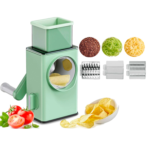 Vegetable Slicer Multifunctional Kitchen Food Fruit Chopper Cutter With 4 Blades - 【Widely】More storage space, larger eights such as potatoes and cabbage can be easily placed, and used more widely 
 【CUTING FOR VEGETABLES】The diameter of the cylinder is increased to form short cuts, and uniform skinny vegetable cuts can be easily obtained 
 【Easy to Install】Adopting a new installation method, it is easy to install and replace the blade 
 【Stable structure】The part with suction cup handle cup handle, with stronger adsorption capacity, easy to use, and will not shake. 
 【Safe and Long Life】The enclosed space design avoids hand contact with the blade, making it safer to use. 
 【Multifunctional Cutting】You can choose different blades of different shapes and thicknesses, such as slicing and grating 
 Specifications: 
 Type: Multifunctional Vegetable Slicer 
 Material: stainless steel + ABS 
 Net weight: 1100 grams 
 Product size: 31 * 16 * 15cm 
 Packing method: box packing 
 Function: chopping, slicing 
 Easy to install and use