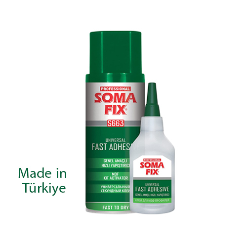 SOMA FIX Turkish adhesive, fast multi-purpose adhesive, 200 ml - General Information SOMAFIX MDF Profile Adhesive is a set consisting of activator and high viscosity cyanoacrylate adhesive. •High bond strength. •Easy application. •Suitable for use on vertical surfaces. •Quickly becomes tack-free. •Used for especially on porous substrates. application: Bonding, repairing and fixing wooden elements such as MDF, chipboard, all kinds of woods, rubber, leather, glass, aluminum, metal and most plastics. Fast Adhesive Activator is used for facilitating the time for adhering while using cyanoacrylate MDF adhesive. Directions for Use: Make sure the surface to be applied is dry and clean, free of dust, dirt, rust and grease. Spray activator onto one surface, allow to evaporate. Apply adhesive onto the other surface. Assemble parts and hold together with pressure for a few seconds.