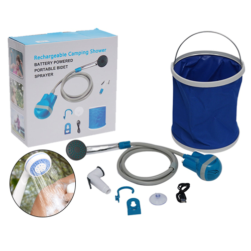 Rechargeable portable shower and bidet for camping and travel - Lawano Rechargeable Camping Shower Marine grade waterproof pump with a built-in 2200MAH rechargeable battery. 6 ft hose to reach any water container, sink, or bathtub. Bidet sprayer head. USB charger cable for easy convenience. Suction cup and S-hook for easy attachment onto walls and ceramics. O-ring to ensure a 100% water-tight system with no leakage. 
 
   Specification   Motor voltage 3.7V   Battery Rechargeable 2200MAH lithium battery   Water flow efficiency 2.5L/min   Hose 6 FT that can extend to the sinks and bathbasins of most bathrooms.