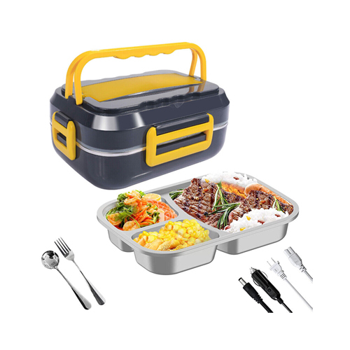 ELIX GULF - Electric Lunch Box Food Heater Warmer Heated Lunch Boxes for Adults and Kids-40W - 40W Electric Lunch Box Food Heater Warmer Heated Lunch Boxes for Adults and KidsSpecification:
Name: Electric lunch box
Material: 304 stainless steel+food grade PP plastic
Color: grey+yellow
Dimensions: 9.8 x 7.1 x 4.3 inches
Size of stainless steel bowl:
Power cord length: 31.5 inches
Length of power cord (car): 32.5 inches
Capacity: 1.5L
Heating time: 15-30 minutes
Power supply: 110V/50Hz/40W 
Features:
*Food Grade Material
-----The electric lunch box is made of food grade PP plastic and 304 stainless steel, which is high-temperature resistant, non-toxic, durable, eco-friendly and safe to use. *Heating Up Fast
------Using PTC original constant temperature heating, low-consumption heat cycle to keep food at a suitable temperature and keep the moisture of the food. It normally takes 15-30 minutes to warm the food. (If the food was taken out of the fridge or where the ambient temperature is low, the heating time should be extended appropriately). *Healthy Meal Anywhere
------No microwave required and wait in line for heating food. Now simply plug in and heat up your food at office or in car/truck using the 110/12V power cables. Enjoy your warm & healthier homemade food. *Leak Proof Cover
------Improved cover design, the cover will not move during use, more tightly covered.Because leak-proof seal ring design is added, it will prevent fluid leakage even when walking or in sloshing car. *Easy to Clean
----The electric lunch box meets the safety standards of dietary materials. The inner container is removable, therefore it is very easy to clean. *Portable Design
------There is a portable handle on the lid, you can carry the food in the lunch box everywhere like in your car/truck and office. Also useful for picnic, road trip and camping etc.
  Warm Tips: Please do not clean the heating base with water, and do not add water to the heating base. 
Package includes:
1 electric lunch box
1 stainless steel spoon
1 stainless steel fork
1 stainless steel container
1 plastic compartment box
1 x power cord
1 power cord for automobile
1 x Manual