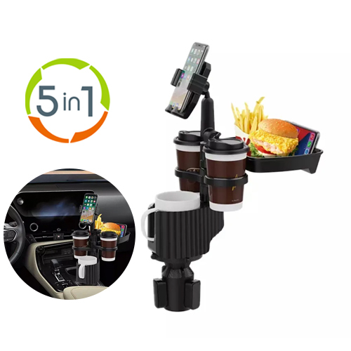 5in1 multifunctional car cup stand  CUP-A06 - Product Name5 in 1 Multifunctional Car Food Tray Cup Mobile Phone Holder For CarItem No.QD-N-Z43Description【Humanized Design】The most unique design of the 5 in 1 car cup phone holder is that it can not only help you hold your cup while driving, but also help the co-pilot to hold the cup and food. At the same time, this car cup holder can also hold your phone while navigating. 
【Support Thick Phone Case】The bottom of this car cup holder expander is designed with a triangle shape, which is very stable. Any shaking is prevented and what's more, the phone holder supports the thick case, so you don't need to remove the case to use it. 
【High Quality Material】The main material of the car cup holder is ABS, so our cup holder will be very durable and environmentally friendly. In order to fix the mobile phone and the cup while driving, we use the silicon material for the part that touches the cup and the mobile phone. 
【Universal Compatibility】This car cup holder is suitable for cars, trucks, golf carts,etc. The phone holder is compatible with all 2.5