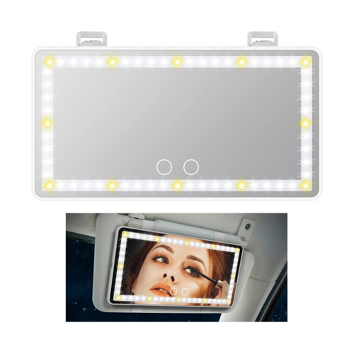 ELIX GULF - Car makeup mirror with 60 LED lights, 3 Light modes touch control-rechargeable 7759 - Bullet Points:
1、Rechageable Car Visor Mirror: The Car Vanity Mirror has a built-in battery, making it possible to be used without often plugging in the charging cable.
2、Dimmable LED Light: The Car Visor Vanity Mirror has 45 white beams and 12 yellow beams, making it brighter and more energy-saving. The color and brightness settings before turnoff will be memorized.
3、Touch-on Screen Design: The Car Vanity Mirror has 2 touch sensors for you to switch between cold white and warm yellow two lighting modes. And Long press to adjust the brightness of the lights.
4、Easy to Charge: The Car Visor Mirror can be charged through the car, socket, computer, mobile power, making it convenient for you free to use the Vanity Mirror anywhere and anytime.
5、Universal for Cars: The Car Vanity Mirror has a universal size of about 10.2(L)*5.3(W)*0.4(H) inches. The lightweight design makes it easy to install and use and saves space in your car.
Description:
The Car Visor Vanity Mirror has 48 white lights and 12 yellow lights, making it brighter. In addition, the Car Makeup Mirror is touch control. You can touch to switch the two colors of the lights (cool white, warm yellow) and long press to adjust the brightness of the lights. The memory function makes the Car Beauty Mirror with Lights return to its last brightness and color settings. The built-in battery makes the Car Visor Mirror with Lights rechargeable and easy to use, and the power is supplied simply by a device with a USB port, such as a power bank, socket, or computer, etc.
Specification:
Interface: Type-C port
Voltage Input: 5V/2A (both sides)
USB cable length: about 3m / 9.84ft
Lamp beads: 12 warm yellow lamp beads / 48 cold white lamp beads
Product Dimensions: about 260*135*9mm / 10.24*5.31*0.35inch
Material: ABS and glass
Packing List:
1* Car Visor Vanity Mirror with Lights
1* Charing cable
1* Manual

Notes:
1. Due to the lighting effects and shooting angles, there is a color difference in the product, please understand.
2. Due to manual measurement, there is a tolerance in the product size.