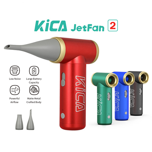 Kika Jet 2 portable air blower cordless rechargeable turbo fan for multiple uses - KICA air dust blower blows immediately and continuously high-pressure air to clean dust debris and dirt away from any electronic device in your home or office, such as a computer, keyboard, laptop, car, camera, coffee machine, printer, etc.Smaller than a phone, it has an air outlet 3cm in diameter and weighs just 300g.Compressed air blower with built-in powerful brushless motor, the rotating speed can reach 100000rpm, output the airflow at the highest speed of 20m/s.KICA dust collector has a built-in 1100mAh high-density battery that can last up to 4.5 hours at low speeds.Turbofan adopts a minimalist twin-cylinder design, a combination of aviation-grade aluminum and metal sandblasting, which is exquisite; Just slide the trigger to achieve flexible and fast shifting; tighter protective nets are strong and durable.