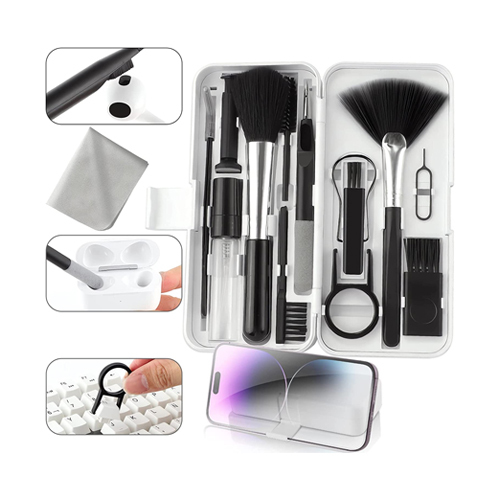 Multifunctional 18-in-1 cleaning kit for phone and laptop - Electronic cleaning set: this 18-in-1 electronic cleaning set contains a portable storage bag (including microfiber screen cleaning cloth, cell phone holder), 1 key cap extractor, 1 column extractor, 1 contact chip pin, 1 lens brush, 2 hard bristle brushes, 1 Universal brush, 1 round hole brush, 1 spray bottle (5ml cleaning solution), 1 arc cleaning brush, 1 tweezers, 1 soft brush, 1 Air, 1capsule cleaning pen (including metal head and a small high density, cotton swab for cleaning) and a cleaning cloth for free. Keyboard cleaning kit: the keycap puller can pull out the keycaps for easy cleaning, and the shaft puller can help replace the damaged bearings. AirPods earphone cleaning kit: metal head for cleaning crack stains, high-density brush for earphones and phone network sound hole, flowing sponge for cleaning the earphone charging case hole. Computer cleaning kit: electronics cleaning kit for monitors, the computer cleaning kit is suitable for cleaning dust and stains from phone/camera/laptop/tablet screens and so on. The fiber cloth and flannel cloth are soft enough not to scratch the screen. Portable design: the electronic cleaning set is easy to carry, a very practical gift for family, friends and colleagues, it can meet the needs of electronic cleaning anytime and anywhere, we promise that if you encounter any quality problems, we will solve them for you immediately and will not cause any loss.New Portable Design - 18 in 1 Electronic Cleaner kitThis professional cleaning kit is suitable for almost any small home electronic device, including computer screens and keyboards, tablet screens, cell phone and TV screens, camera lenses and all Bluetooth headsets. Comes with 5ML cleaning liquid Give Away a cleaning cloth