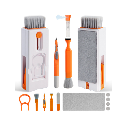 Multifunctional 11-in-1 cleaning kit for phone and laptop - 【11-in-1 Tool to Clean Your Tech Devices】Suitable for cleaning Gaming Mechanical Keyboard, Smartphone, Laptop, Computer, Tablet, Monitor, Camera, Lens, Wireless Headphone, Gamepad, LCD Screen, iwatch, imac.. ...【Your Phone and Earphones Cleaner】Screen cleaning liquid and microfiber cloth can remove dirt, grease, fingerprints from oled touch screen, reusable. The 3-in-1 earphone cleaning pen can also be used to clean the charging port, phone speaker and earphone charging case【Retractable and Foldable Design】The anti-static cleaning brush is used for desktop computers and laptop keyboards. The keyboard key puller helps the brush reach hard-to-reach places and retracts into a plastic case for easy storage.【New Upgrade】We also added a camera lens cleaning pen, mini phone holder and SIM card needle as new functional additions. Regular cleaning will help prolong and protect the life of your beloved digital devices.【Release stress, enjoy the fun of cleaning! 】This 11-in-1 electronics cleaning kit includes 1 * Keyboard Cleaning Brush, 1 * Keycap Puller Remover, 2 * Microfiber Cleaning Cloths, 5ml Screen Cleaner Spray, 1 * Display Spray Bottle, 1 * Soft Flocking Sponge, 1 * Mini Clean Brush, 1 * Mental pen, 1 * lens dust brush, 5 * lens polishing cloth, 1* cell phone SIM card tool, 1* mobile phone stand.Product DescriptionPlay Video