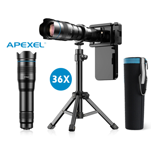 APEXEL New 36X Telephoto Zoom Lens with Metal Tripod - APEXEL New 36X Telephoto Zoom Lens with Metal Tripod Universal Clip Telescope for iPhone Samsung Shooting Birds Watching Concert
This is a newly designed high quality optical 36X telescope zoom lens+mini tripod+Remote Shutter, meets your different needs of photographing.


CONSIDERATE DESIGN WITH STURDY TRIPOD:

This cell phone telephoto lens also comes with a balanced tripod and the tripod can be a selfie stick. We can put the phone into the sturdy adjustable tripod after the lens was attached. Also use the tripod as a mini selfie stick


FMC fully multi-coated, manufactured with advanced Lanthanide Optical Glass for HD images.

The lens kit is perfect for everyone, from your BF to your parents. It fits in your pocket and easy to install, carry and store, taking photos for party, music festival, camping, hiking, traveling, bird watching etc. and keeping all your delightful memories.


At night, you can clearly see the moon, and the farthest light you can see; You can see the open landscape during the day. Suitable for mountaineering, camping, hunting, animal watching, fishing, etc.