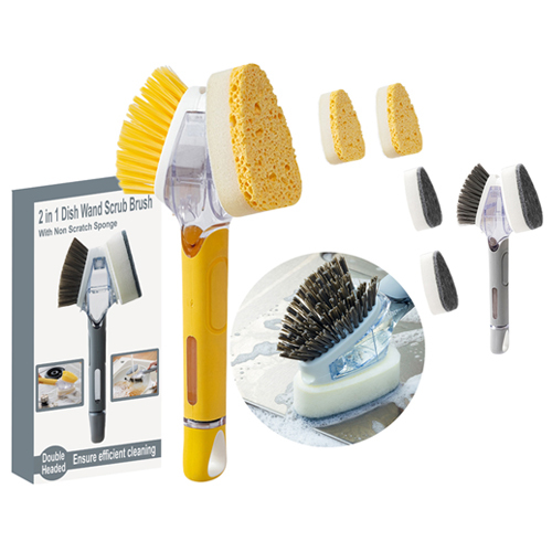 2 in 1 Dish Wand Scrub Brush - Brush bristles are made of high-elastic nylon fiber, which is odorless, not easy to deform and durable. Dual head design for multiful function,no longer need to change the brush head frequently, nylon bristles easily scrub away food, stains and dirt, the non- scratch sponge head safe for use on non- stick surfaces cookware to protect the coating.The brush head can be easily removed and replaced. The handle is comfortable, easy to grip and won't slip in wet hands. Wash the brush and hang up after use to keep the brush dry and clean. Easy to use,simply push the button on the handle then dish soap squirted through the brush head, convenient to use on your demand.Easy to refill: just unscrew the handle lip to add detergent,no leaks when filled.