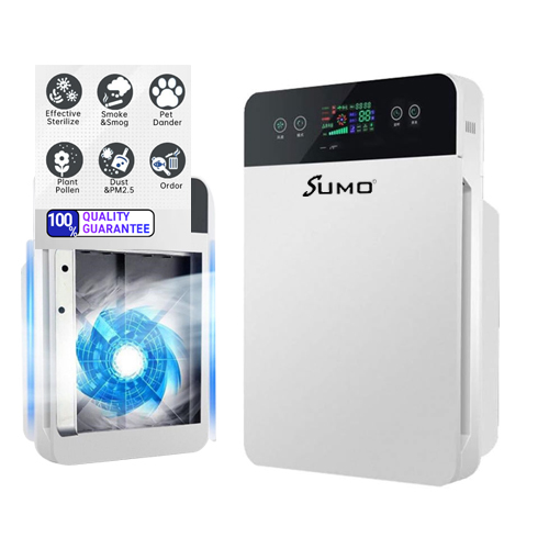 Sumo home air purifier purifies up to 50 meters with air sterilization feature - Air pollution is inevitable / bad air environment / makes you feel unwell/ Dizziness/ chest tightness/ respiratory diseases/ malignant diseases. It is imminent for you to choose a good purifier for quality of life.

Features：
*LED large screen display with round and edgeless design.
*75 ° large area air outlet provides clean air quickly and efficiently.
*Widen the air intake design on both sides for large purification area and higher efficiency.
*Air sensor smart sensor/ monitor data at any time.
*Easy one-touch control panel at a glance.

The multi-stage filtration system, captures up to 99.97% of particles that pass through the filter. These particles can be as small as 0.3 microns/ the size of most common airborne allergens/ particles/ bacteria and viruses.

New composite filter upgrade:
Better formaldehyde purification ability / long-lasting service life After tens of thousands of professional development and testing/ combining formaldehyde decomposition formula with advanced filters/ the formaldehyde purification efficiency is increased by more than 2.5.

Newly upgraded HEPA antibacterial aldehyde removal filter:
Professional upgrades/ effectively remove formaldehyde/ PM2.5/ bacteria and smoke odor/ remove pollutants efficiently and comprehensively

Healthy Negative Ions:
Negative ions are known as 