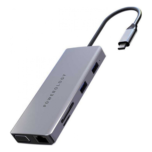 POWEROLOGY 11 IN 1 USB-C HUB ETHERNET & HDMI VGA WITH PD 60W - SpecificationsBrandPowerologyModelPowerology 11-in-1 HubMemory CardMicro SD & SD XCOutput USB-C60W PD Fast ChargeUSB-Ax2 USB 2.0 480MB/5Data Transfer Speedx2 5Gbps SuperSpeedVGA Connector1080p Full HD VGAEthernet Port1000MB/s EthernetAUX3.5mm AUX PortInterfaceUSB-C, VGA Ethernet HDMIFeaturesFast Charge & Data, USB 3.0 SuperSpeed ​​5Gbps data transfer, 60W USB-C PD input & 55W output, HDMI supports 4K@30Hz & Full HD@60Hz, Aluminum body, Rubberized cord