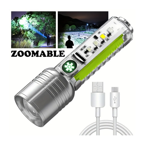 Mini Multifunctional White Laser Flashlight With Strong Light - Description:
 Material: PC+ Aluminum alloy Size: 125*34mm Battery: 1800mAh Charging: Type-C charging Input Voltage: 5V Brightness: 800LM Waterproof: IP65 Magnetic: Yes 8-gear Dimming Mode: high/low/strobe/Front lights+side lights/White light+Warning lights/side lights/UV lights/Warning lights Specifications:
 1. Using high-quality LED lamp beads, the extremely bright mode can reach 400 lumens. 2. 8 gear dimming mode. One key control of multiple lights, free switching, simple and convenient operation.(high/low/strobe/Front lights+side lights/White light+Warning lights/side lights/UV lights/Warning lights) (Purple light: it can be used for money detection, cigarette detection, scorpion lighting and other purposes) 3. The tail has a magnetic attraction function, combined with the warning flash mode of the side lights, can be adsorbed on the top of the car and other places, and become an emergency warning tool light. 4. Built-in polymer lithium battery, it charged through the Type-C interface, which can be fully charged in 35 minutes. It is very light weight and can be easily carried with zero burden on the key chain. 5. This product integrates a variety of practical functions; it is an ideal daily carry mini lighting tool. Package Included:
 1* Mini Flashlight 1* USB Cable