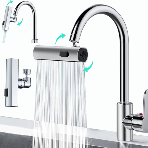 Waterfall Design kitchen faucet 3 in 1 - FeaturesAre you still worried about the splash or inconvenience of water when washing things??No need to change the faucet, use this tool to solve your troubles.Elevate both functionality and style in your culinary haven with this must-have kitchen essentialWhether you need a concentrated flow for targeted scrubbing or a wide spray for rinsing delicate fruits, this multifunctional sprayer has got you covered.Upgrade your kitchen aesthetics with our sleek and modern faucet design that complements any style or theme seamlessly.
SpecificationsMaterial: ABSDimensions: 15.2×11×3.9cm Compatible with 22 cm (8.66”) faucet head
Care instructionsStore In A Cool, Dry Place.Gently Wipe To Remove Dust. 
Package includesA Waterfall Kitchen Faucet
Product Image