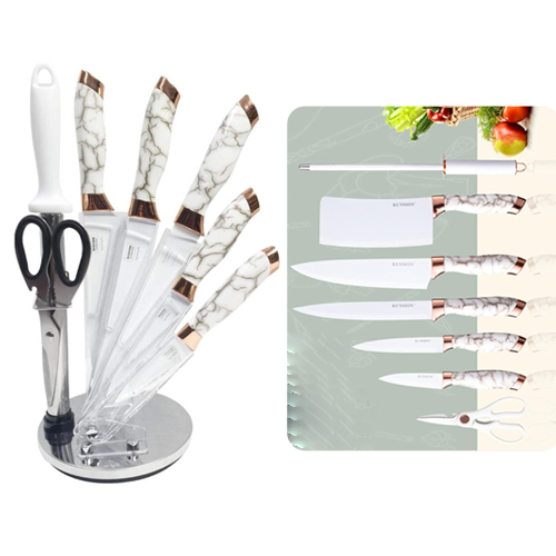 8pcs kitchen knife set 810JW - Specifications: Style: simple modern style Material: Stainless Steel Color: black / white Weight: 1.3 kg Quantity: 8pcs Product size: Cleaver knife 6.3 inch, chef knife 8 inch, bread knife 8 inch, utility knife 5 inch, fruit knife 3.5 inch, sharpener 12 inch, kitchen scissors 8 inch, acrylic holder 9.3 inch 
 Package contents: 1 × Cleaver knife 1 × Chef's knife 1 × bread knife 1 × utility knife 1 × fruit knife 1 × sharpener 1 × kitchen scissors 1 × acrylic holder 
 Friendly tips: 1. Wipe the blade after cleaning to prevent rust. 2. Hand washing is recommended to keep the blade edges sharp. 3. Please do not touch the blade with your hands to test its sharpness.