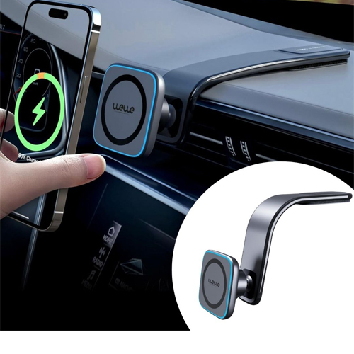 WeWe 15W Wireless Car Phone Charger with Magnetic Mount - 15W fast charging  It features the ability to charge devices quickly and efficiently, saving time with fast charging technology. It also ensures complete safety during charging. Strong magnetic mounting 
It has strong magnets to ensure that your phone stays securely in place even on bumpy roads. Bendable  The charger can be bent or adjusted to fit different angles, allowing you to place your phone at the perfect angle for viewing or use while charging, without affecting charging quality or speed. Installation methods    Installation on ventilation openings The installation method includes the use of a round piece, as this piece is easily installed inside the car's air vent using the mounting clip included with it. Installation on the dashboard  The back of the charger can be attached to the car's front panel using strong adhesive (included).  1*Phone holder
2* sticky pieces
1*Adhesive metal plates: stick to the back of the phone or inside the phone case to stick to the magnetic holder. 1*Extra mounting piece
1*Measuring Tool: Used to accurately determine the installation location or angle during the installation process.
1*Cleaning Wipes: To clean the surface area before installing the stand or metal plate.
1*User Manual: Instructions on how to install and use the phone holder.
1*USB cable