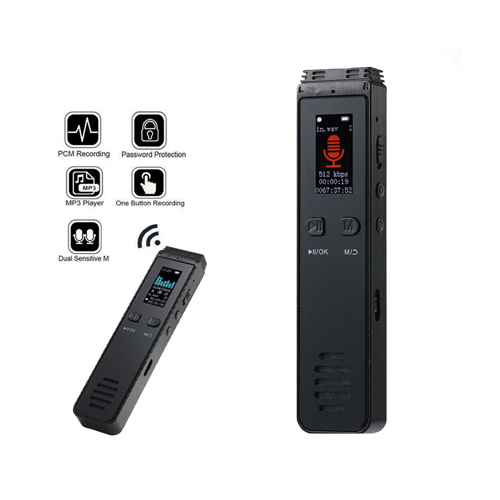 digital voice recorder dual microphone 8GB - Recording format: WAV Bluetooth recording: Support Android phone and iPhone Music format: MP3, WAV, WMA, OGG, FLAC, APE Recording time: 32GB: about 144 hours Recording duration that the battery can maintain: 30 hours continuous recording at 512kbps Recording bit rate: 512kbps, 1536kbps, 3072kbps Sampling rate: 16KHz 48KHz Frequency: 20-20 kHz Microphone: Omni-directional microphone Battery capacity: 375mAh Dimensions: 10*2.5*1.2cm Weight: 58 grams