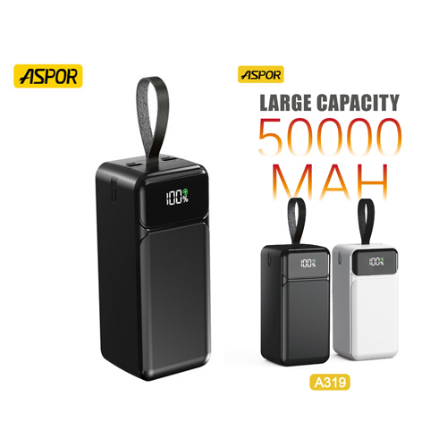 Aspor A319 fast charging power bank 50000mAh 22.5W High Speed Built in Cable Power Bank - Product Name50000mAh Power Bank with 3 cablesModel NO.A319Battery TypeLi-polymer BatteryCapacity50000mahCertificationsCE,RoHs,FCC,MSDS and so on