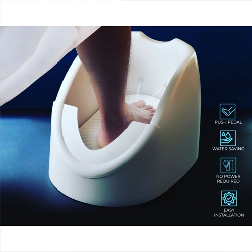 Foot washing and ablution device F360 - A device specially designed for washing and ablution of the feet to suit children and adults, pregnant women, people with special needs, the elderly who suffer from back and knee pain, and all family members. The package contains: 
 Foot washer Water inlet pipe*1pc  Water outlet pipe*1pc  Connector * 1pc