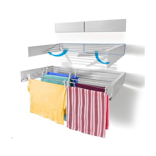 Clothes Drying Rack, Wall Mount, 60 lbs Capacity, 20 Feet, (White - 100cm) 0993 - Material: stainless steel Product dimensions 2,5D x 101,6W x 12,7H cm Step Up brand the color is white Recommended uses for the product: Clothing Installation type: wall mount Item weight 9 lbs About this item  The Step-Up Laundry Drying Rack comes only with a wall template, a long screwdriver head, 10 screws, and holes spaced 8 and 16 inches apart for a perfect fit for the screws. Space Saving: This foldable clothes drying rack for indoor or outdoor saves a lot of space. HEAVY DUTY CAPACITY: The foldable wall mount features 6 heavy-duty aluminum rods, which is equivalent to having a 20-foot linear hanging line and can hold up to 60 pounds. For internal and external use EASY TO INSTALL: The Step Up Laundry Drying Rack only comes with a wall template, a long screwdriver head, 10 screws and mounting anchors. Screw holes are also designed with 8