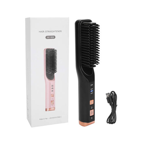 USB Charging Hair Straightening Brush with 3 Gears Temperature, AE506 - Adjustable temperature --- 3 levels of temperature adjustable, one-key adjustment, convenient and quick to use.Constant temperature --- Using PI heating technology, rapid heating, automatic constant temperature, constant temperature technology protects hair effectively.Widely used --- Suitable for personal use at home, and also suitable for professional barber shop and beauty shop. Can meet the needs of multiple hair styling.Improve hair quality --- Straightening combs can improve hair yellowing, dryness and other problems, so that hair is not frizzy and shiny.USB charging --- The built-in battery adopts USB charging, which is convenient and quick to charge. More convenient wireless use.